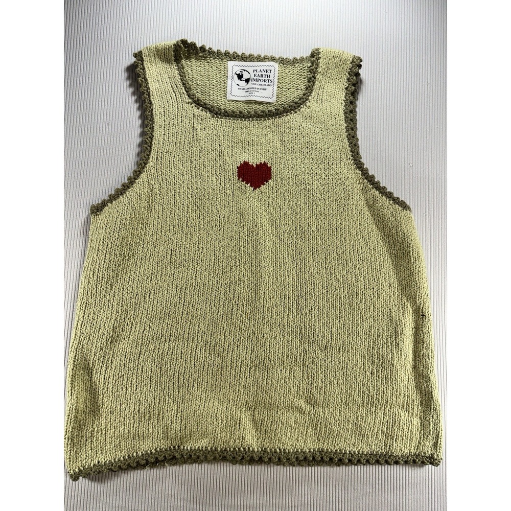 Planet Earth Imports Hand Loomed Cotton Knit Vest Top Green Red Heart Wmn's Sz 2